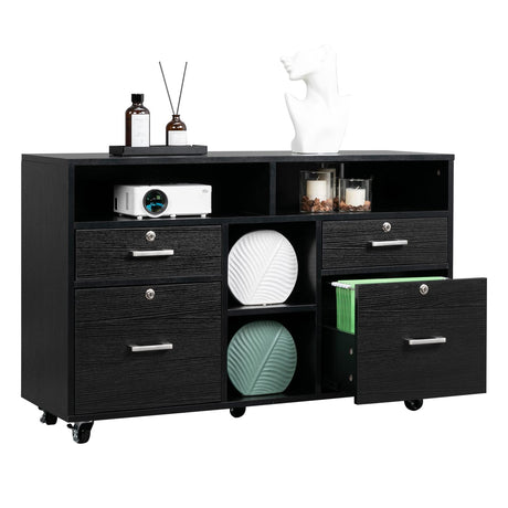 Wood Mobile File Cabinet with 4 Drawers and Shelves, Printer Stand