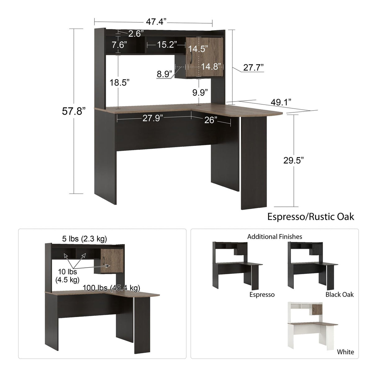 Office Desk, Modern L-Shaped Desk with Hutch, Black Oak (Color : Brown)