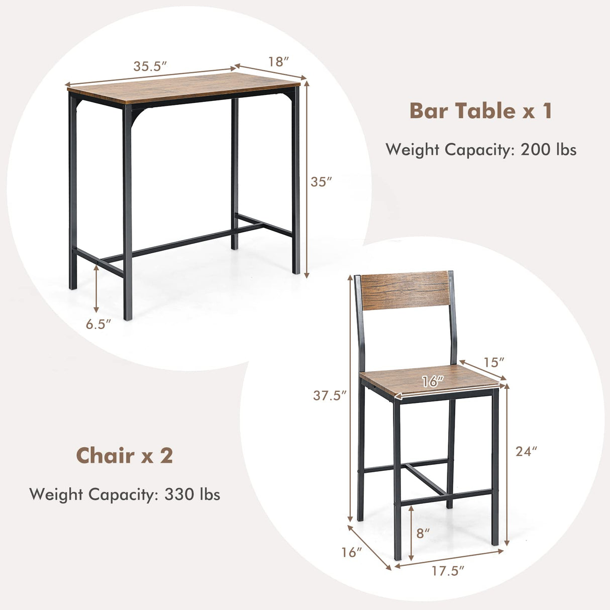 3 Piece Pub Table Set, Bar Table and Chairs Set of 2