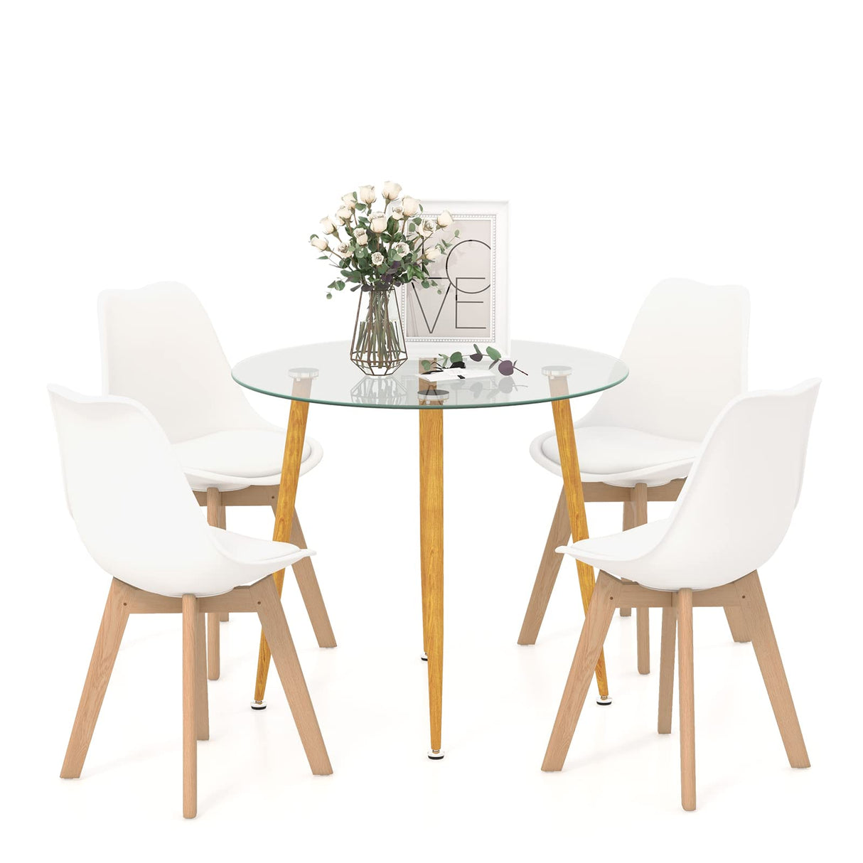 Dining Table Set for 4, Modern 5-Piece Dining Room Set w/ 1 Round Tempered Glass Table