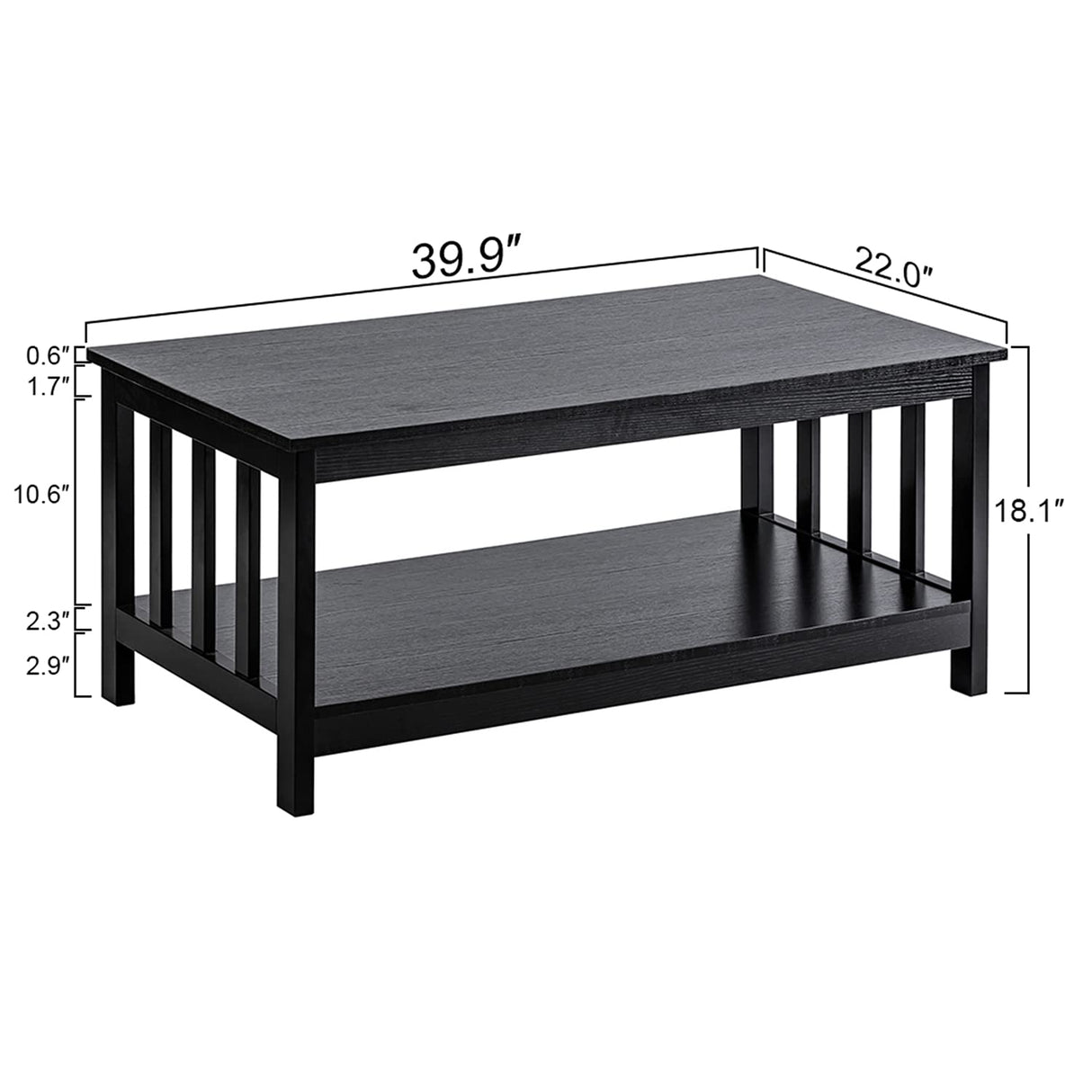 Mission Coffee Table, Black Wood Living Room Table with Shelf, 40 Black