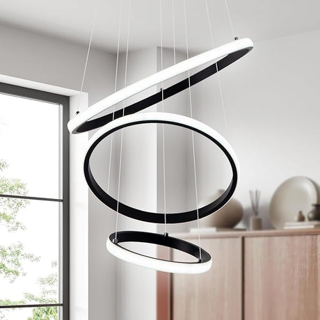 6 Ring Chandelier for High Ceiling with Remote Control, Black LED Chandelier Brightness