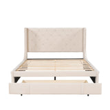 Queen Size and Velvet Upholstered Platform Bed Beige