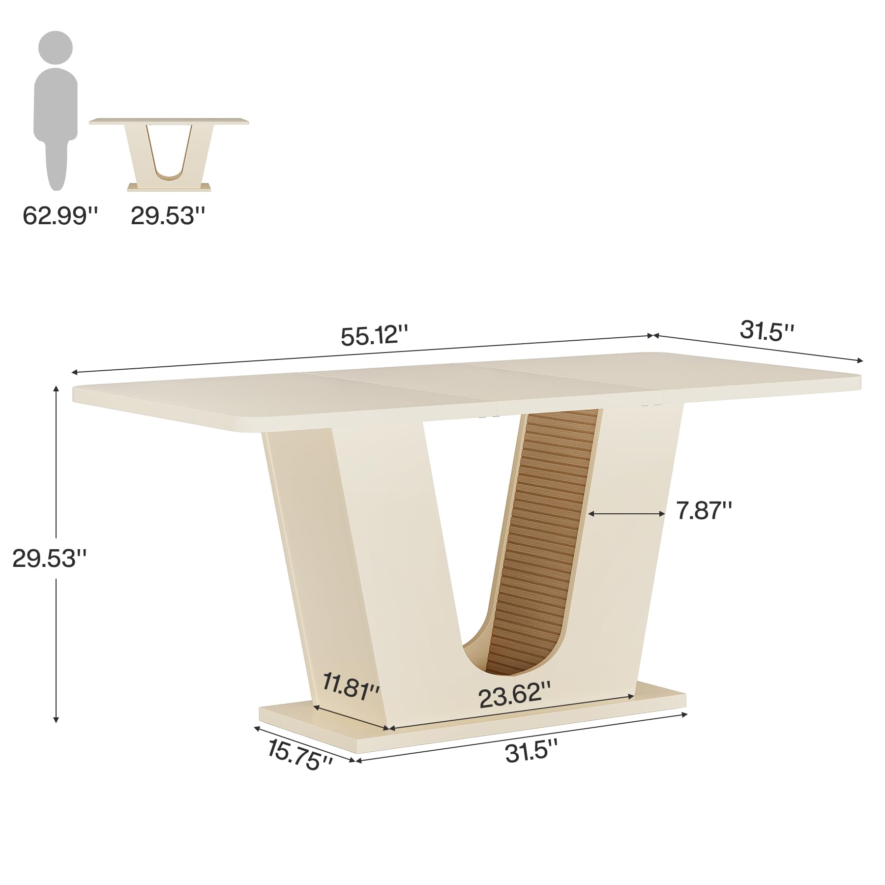 55-Inch Modern Rectangular Dining Table for 4-6 - Cream White