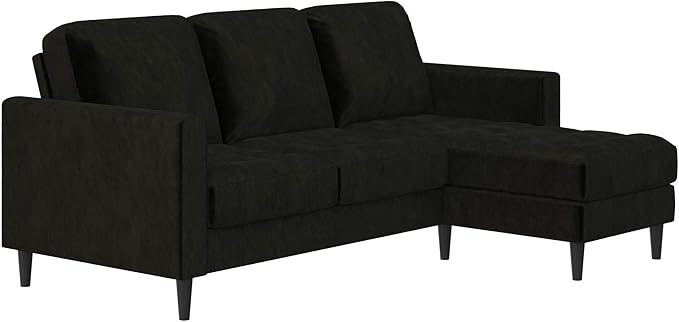 CosmoLiving Strummer Reversible Sectional Couch, Black Velvet Sofa (DA038-BK)