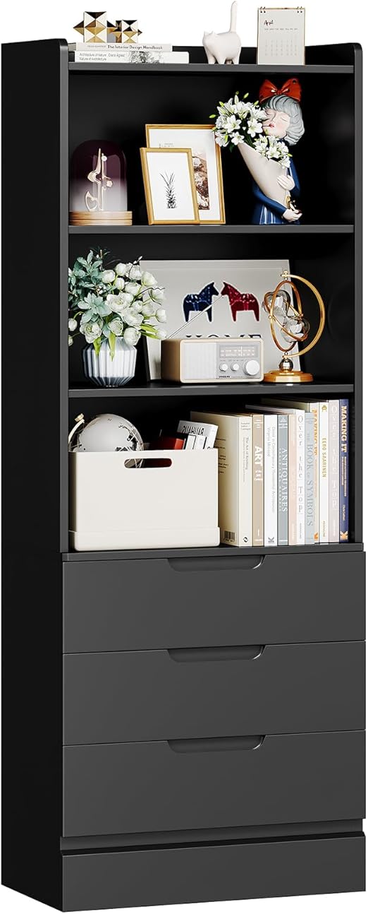 Tall Bookshelf with Drawers Bookcase with 3 Drawers and 3-Tier Open Shelves