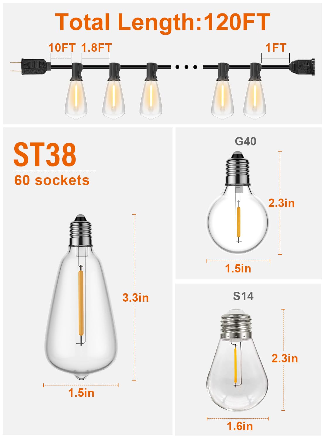 120FT Outdoor String Lights, Waterproof Patio Lights with 64 Hanging