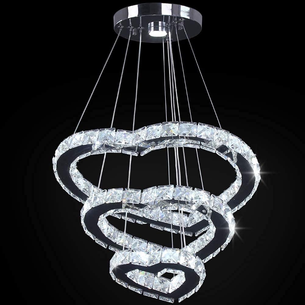 Modern 3 Ring Crystal Heart Chandelier Light Fixture LED Pendant Lighting Stainless Steel