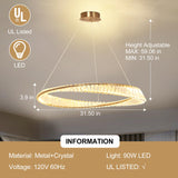 Modern LED Crystal Chandelier, 31.5'' Ring Pendant Lighting Adjustable Hanging Ceiling