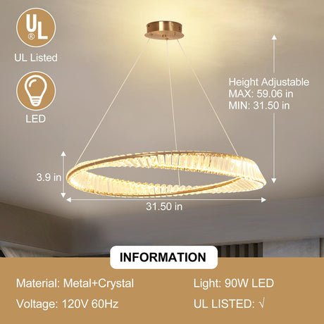 Modern LED Crystal Chandelier, 31.5'' Ring Pendant Lighting Adjustable Hanging Ceiling