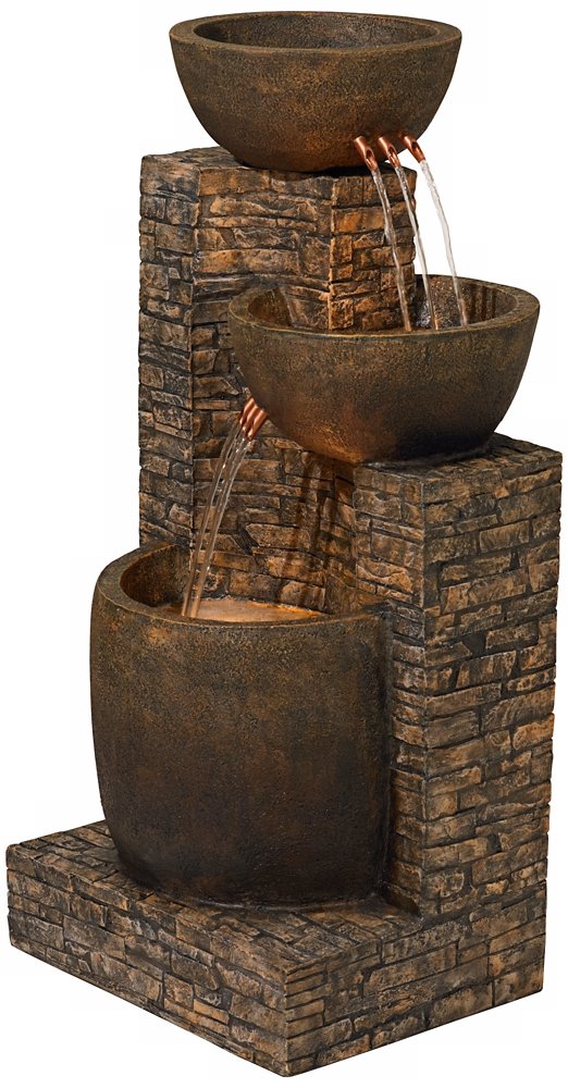 Mason Rustic Outdoor Floor Water Fountain 35" High with LED Light Cascading Three Bowls
