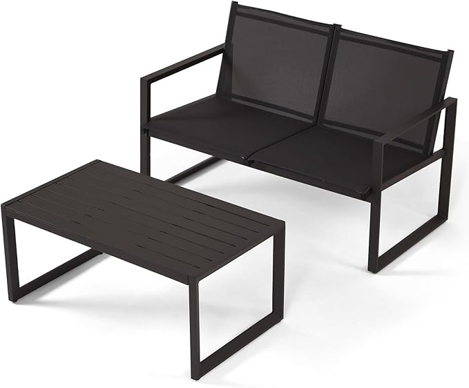 Wicker Outdoor Loveseat with Coffee Table, Coversation Set with Removable Cushion