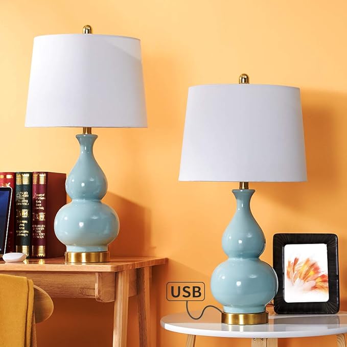 24" Set of 2 White Table Lamp for Living Room, 3 Way Dimmable Ceramic Bedside Lamp