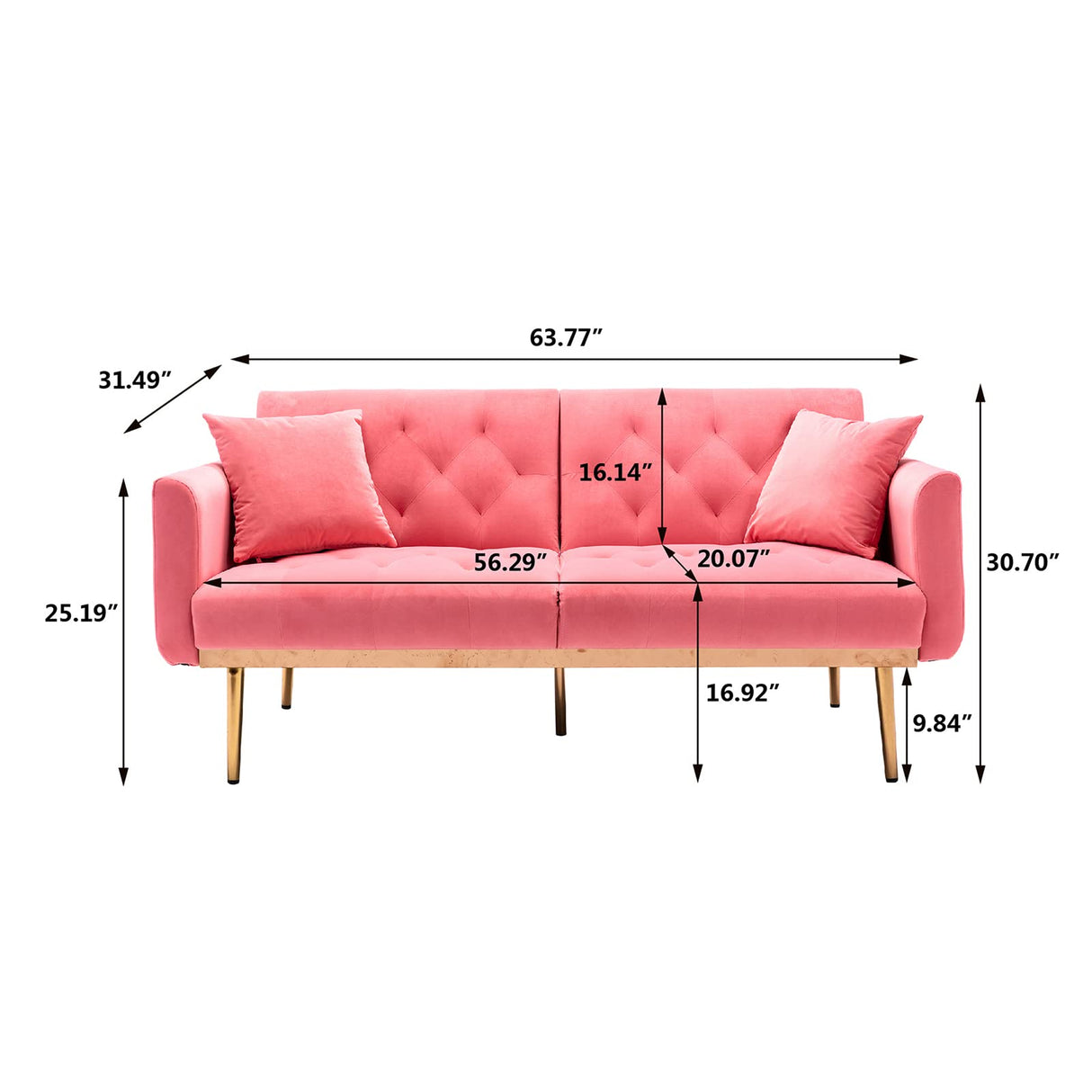 Convertible Velvet Futon Sofa Bed, Upholstered Loveseat Sleeper Couch with 3 Reclining Angles and 2 Pillows, Modern Living Room Sofa Couch with 5 Solid Metal Legs for Guest Room, Office, Peach