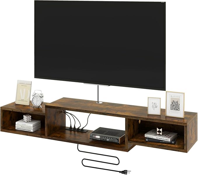 59" Floating TV Stand Wall Mounted with Power Outlet,Wood Wall Mounted Media