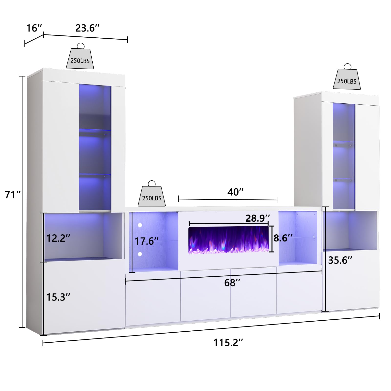 3 Piece Modern High Gloss Fireplace TV Stand + Bookcase Set for Living Room