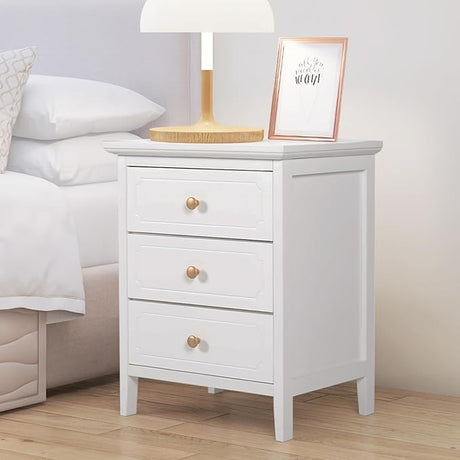 3 Drawer White Nightstand Wooden Large Night Stands with Gold Handle 19 Inch Modern