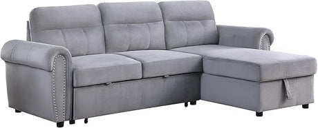 Ashton Gray Velvet Fabric Reversible Sleeper Sectional Sofa Chaise