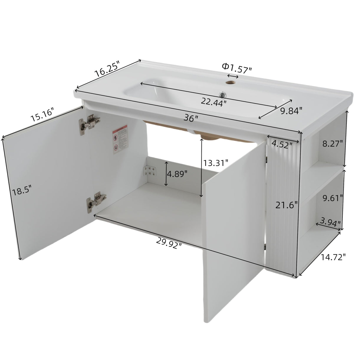 LUMISOL 36" Bathroom Vanity with Ceramic Sink, Wall Mounted Bathroom Vanity with 2 Doors & Side Open Shelves, Modern Floating Bathroom Storage Cabinet with Undermount Sink, White