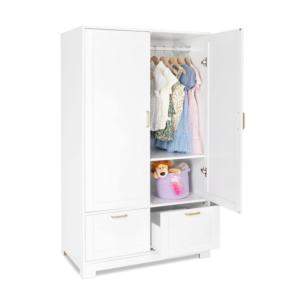 Wide White Armoire Wardrobe Closet with Adjustable Shelves and Drawers