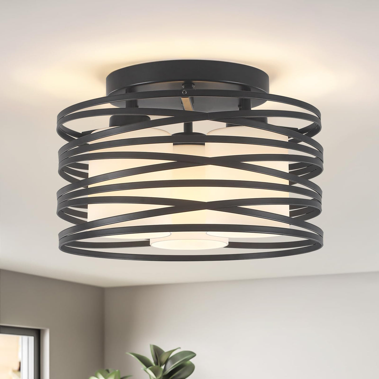 Black Flush Mount Ceiling Light - 3-Light Drum Semi Flush Mount