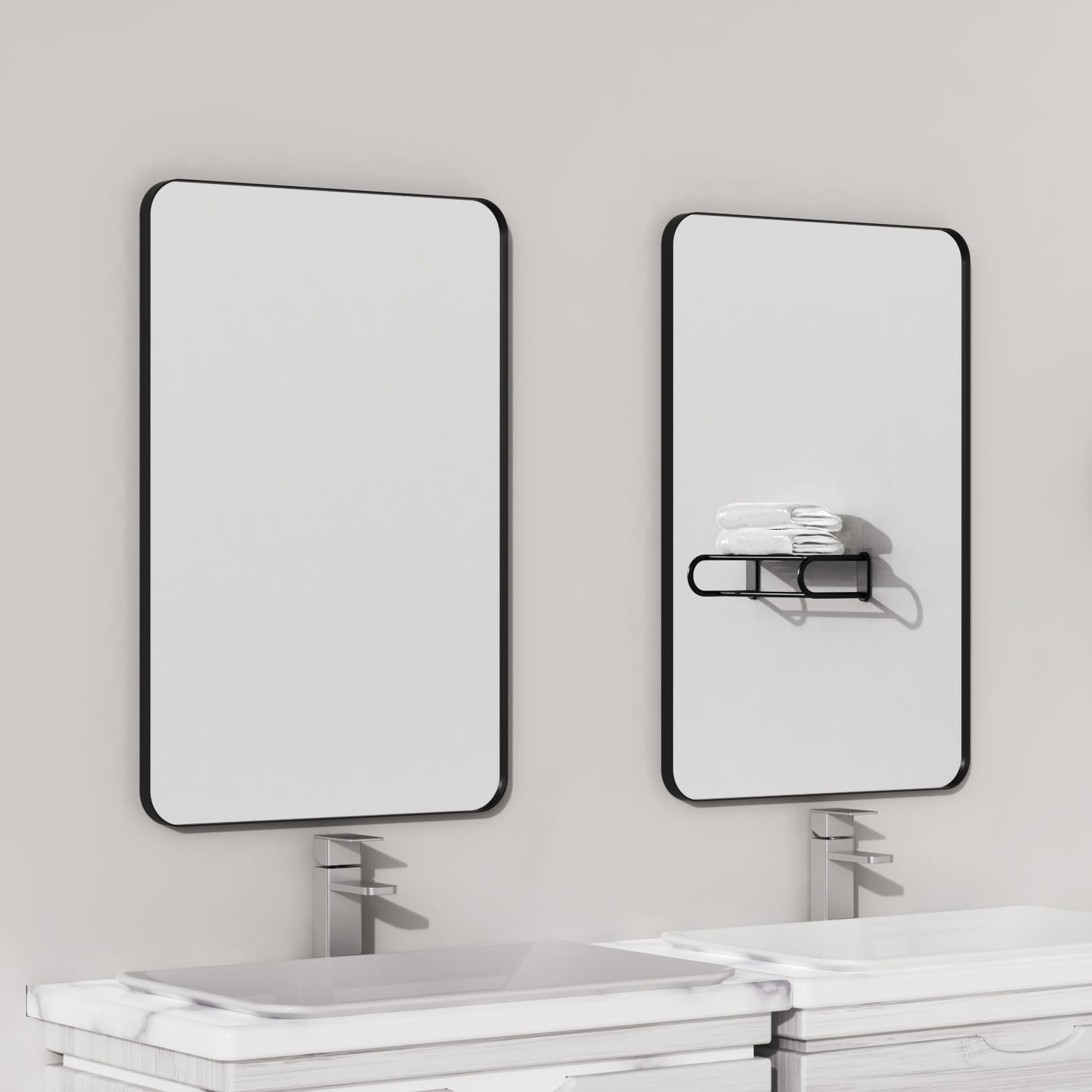 Black Bathroom Mirror for Wall,  Rounded Rectangle Metal Framed Bathroom
