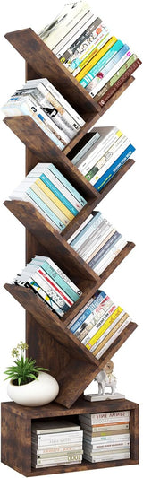 Tree Bookshelf with Storage, 8 Tier Wooden Tall Book Shelf, Floor Standing Bookcase for