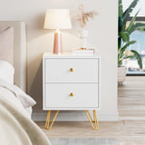 White Nightstand Set of 2, End Side Table Double, Bedside Table with 2 Drawers, Dual Night Stand Metal Legs for Bedroom Living Room