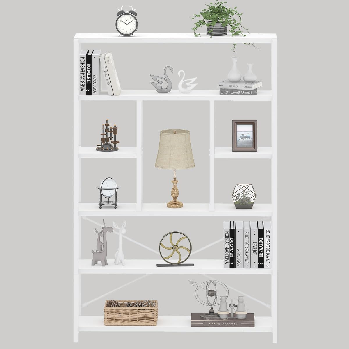 6 Tier Tall White Bookshelf, Big Metal Wooden Book Shelves Storage