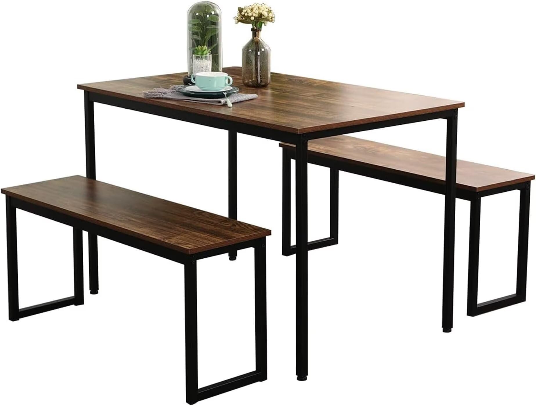 SDHYL Dining Table Set, 45in Dining Table Sets with 2 Benches, Dining Room Table Set for 3, Small Rectangular Wood Dining Table with 2 Bench Chairs/3 Piece Set for Home, Kitchen, Dining Room, Vintage