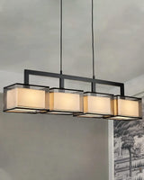 Modern Rectangular Chandelier Hanging Light Fixture 4 Lights with Fabric Lampshade