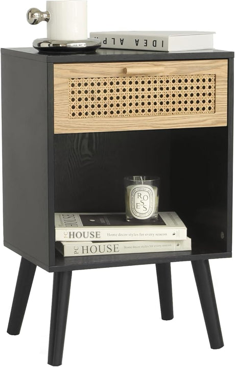 Modern Nightstand Rattan Side End Table with Storage, for Living Room, Bedroom and Small Spaces,