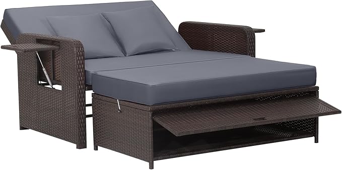 Patio Rattan Daybed Set, Wicker Loveseat Sofa w/Multipurpose Ottoman & Retractable