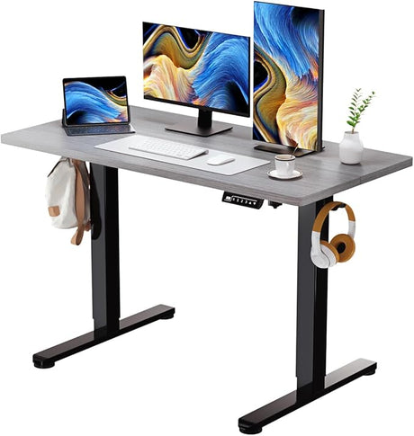 White Standing Desk, 48 X 24 Inch Adjustable Height Electric Desk, Sit Stand Desk with Splice Board and 2 Hooks