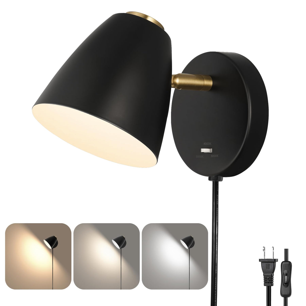 Modern Plug in Wall Sconces, Black LED Light Fixture, 3 Color Changeable Indoor