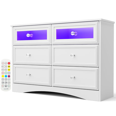 6 Drawer Dresser, White Dressers for Bedroom Chest of Drawers Dresser with LED Lights,