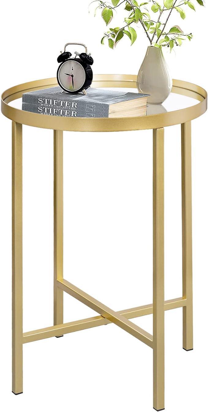 Round Side Table, Black End Table with Mirror Top, Metal Coffee Accent Table