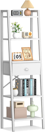 5 Tier Ladder Shelf with Drawer, Tall Bookshelf Storage Shelves, Bookcase Standing Shelf