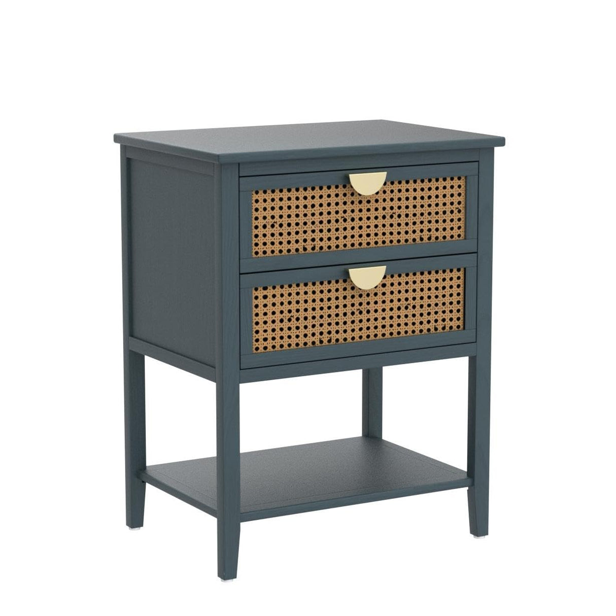 2 Drawers End Table for Living Room, Rattan Nightstand Bedside Table with Metal Handles