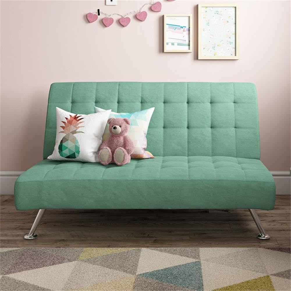 Kids Tufted Futon, Convertible Sleeper Sofa in Teal and Chrome