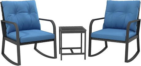3 Pieces Patio Bistro Set Outdoor Rocking Chair w Cushion for Yard Garden Poolside (Red)