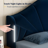 Full Bed Frame with LED Lights - Velvet Blue Upholstered Platform Bed