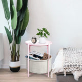 End Tables with Storage Basket, Metal Side Table Nightstand Small Bedside Table, Pink