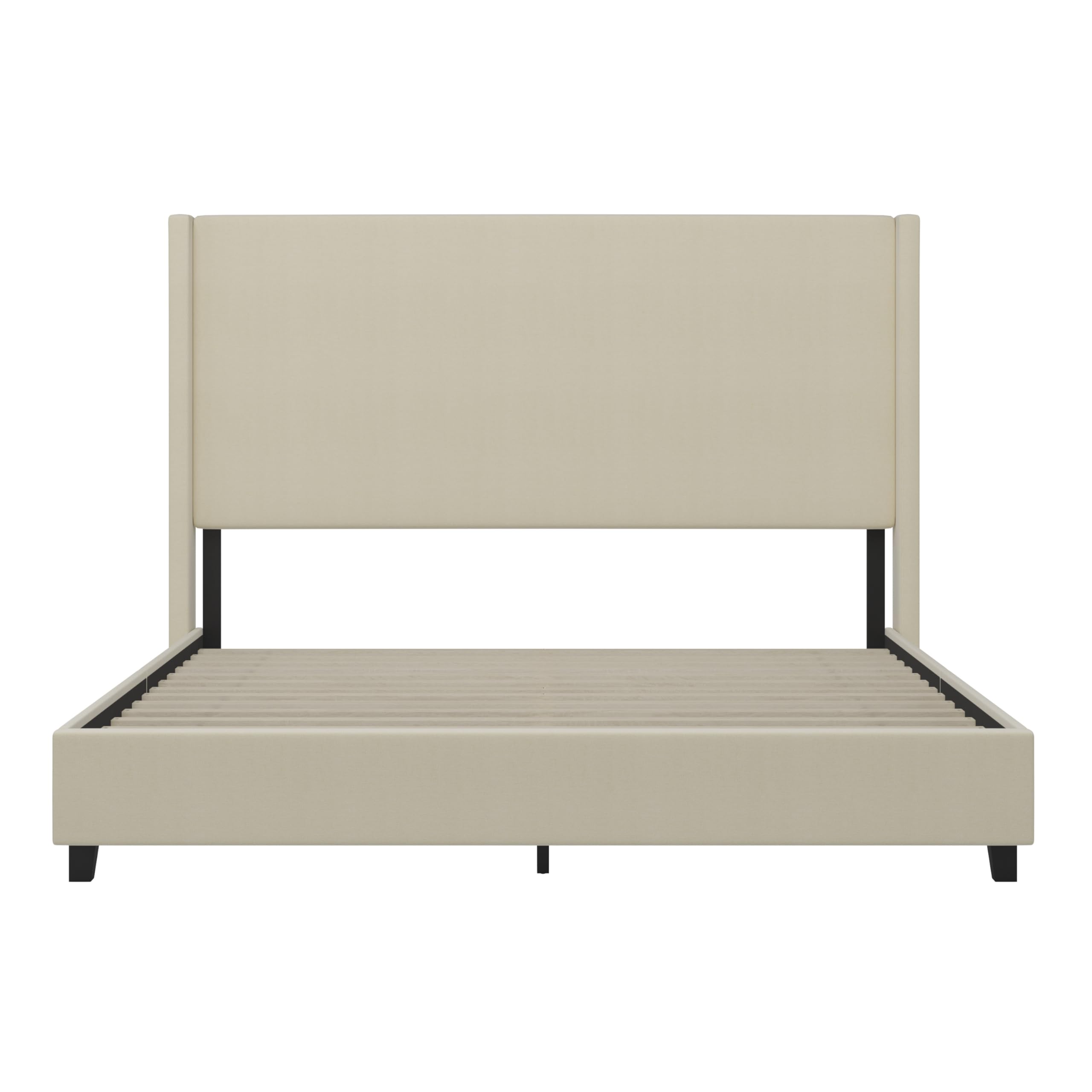 Nora Wingback Platform Bed - Beige Faux Linen Upholstery - Durable Engineered