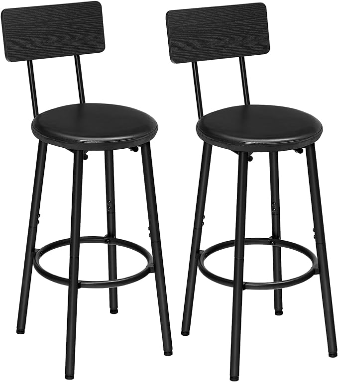 Bar Stools, Set of 2 Bar Stools with PU Upholstered, Bar Chairs with Footrest and Back