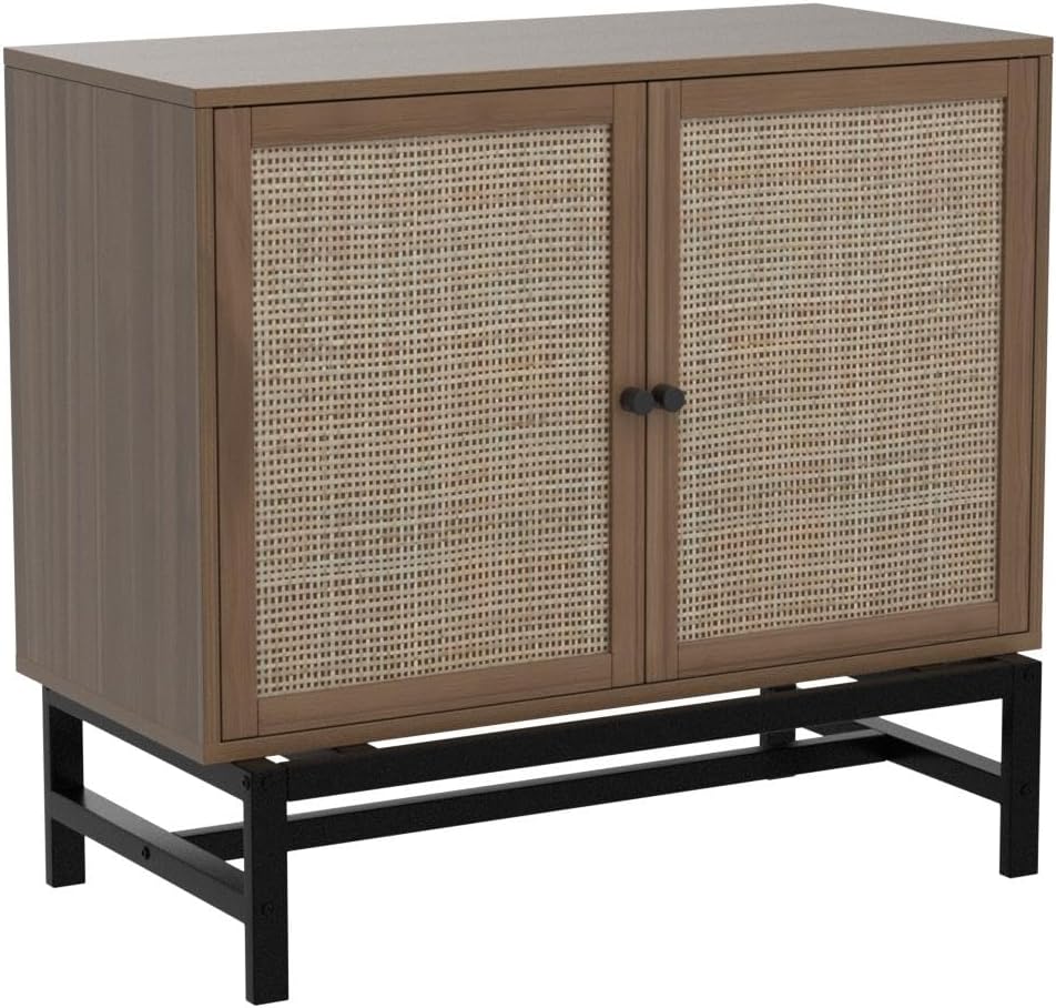 Pvillez Modern Sideboards Buffet Cabinet with Storage, Accent Cabinet with Natural Rattan Doors for Living Room Bedroom Dining Room Entryway, Walnut, 2Pack