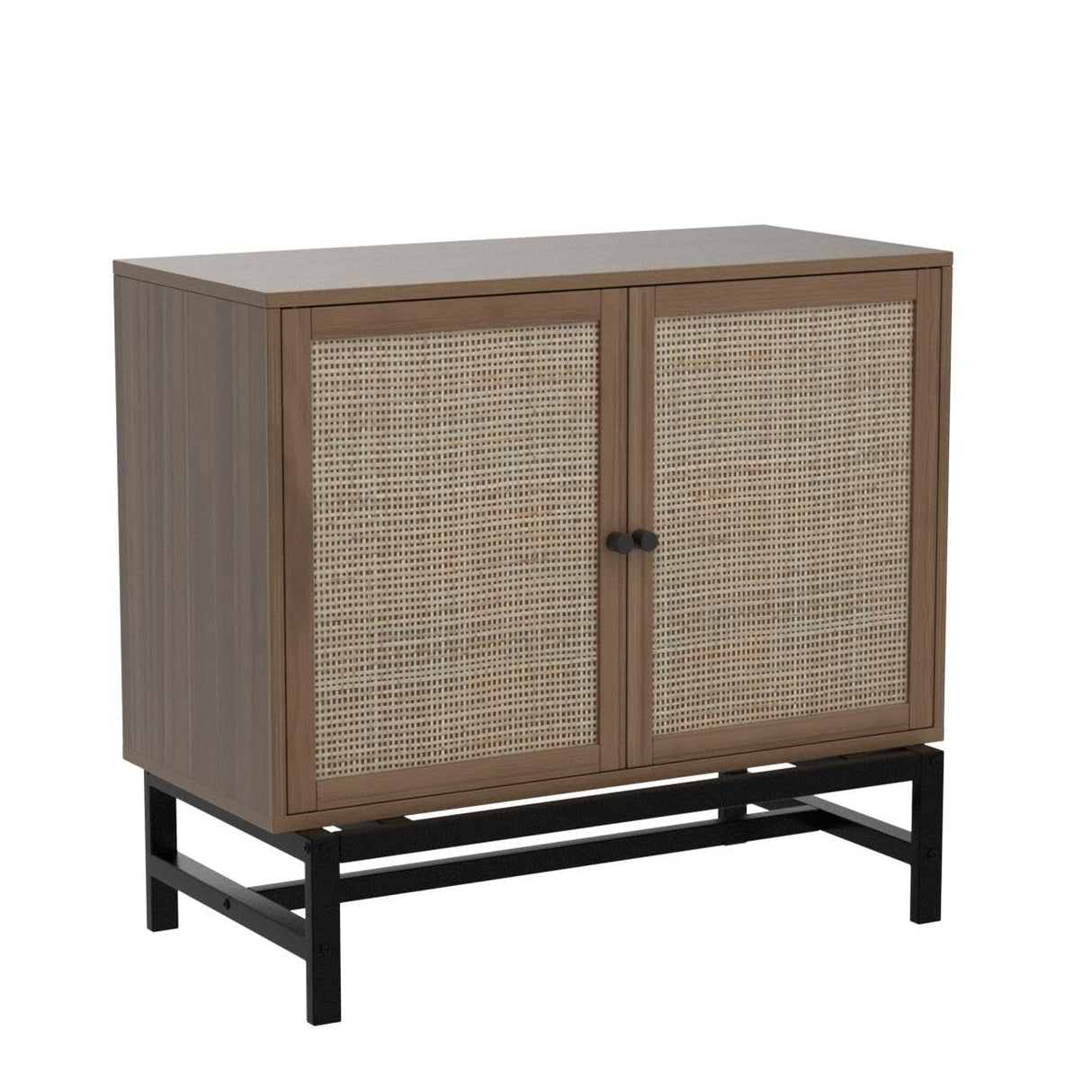 Pvillez Modern Sideboards Buffet Cabinet with Storage, Accent Cabinet with Natural Rattan Doors for Living Room Bedroom Dining Room Entryway, Walnut, 2Pack