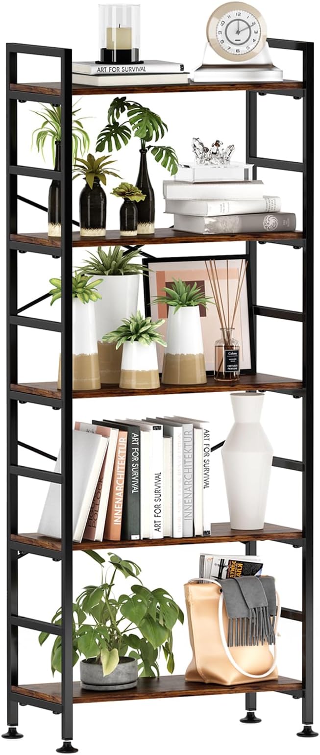 6-Tier Adjustable Tall Bookcase, Rustic Wood and Metal Standing Bookshelf, Industrial Vintage Book Shelf Unit, Open Back Modern Office Bookcases