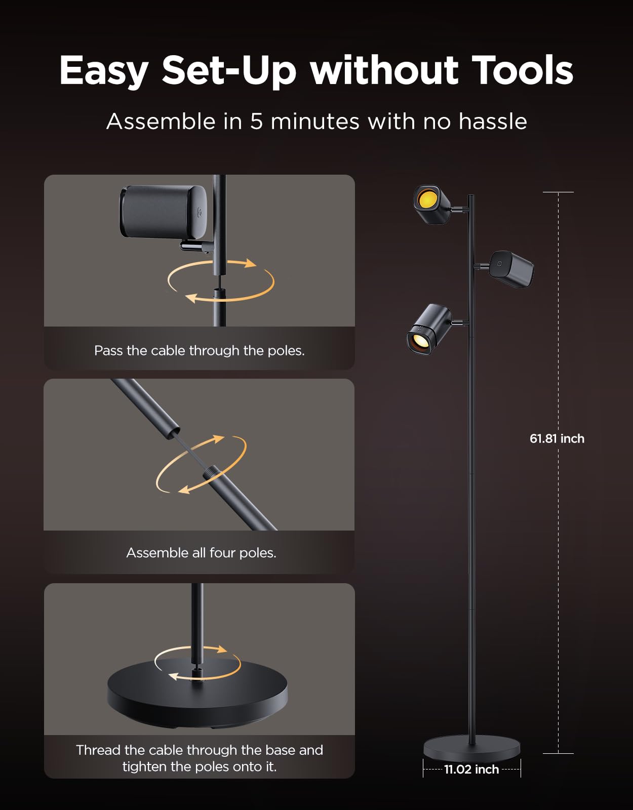 Tree Floor Lamp with Matter Compatibility - 3 Rotatable Lights & Music Sync