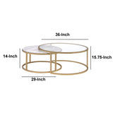 Gold Metal Coffee Tables With Marble Tops, Set Of Two